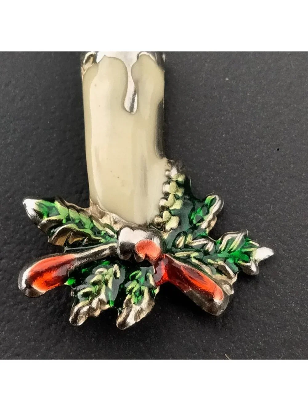 Christmas Candle Pin Brooch Vintage Holiday Jewelry Pine Bow Ribbon Metal Enamel